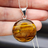 Solid Sterling Silver & Natural Tiger Eye Handmade Round Pendant Necklace