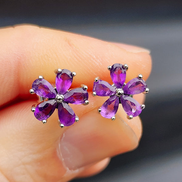 Natural Amethyst & Solid Silver Flower Stud Earrings