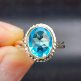 (Q) Solid Sterling Silver & Natural Blue Topaz Handmade Signet Ring