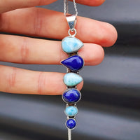 Solid Sterling Silver, Lapis Lazuli & Blue Larimar Handmade 6 Setting Pendant Necklace