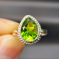 (Q) Solid Sterling Silver & Natural Peridot Handmade Pear Shaped Signet Ring