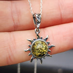 Solid Sterling Silver & Natural Polished Green Amber Handmade Sun Pendant Necklace