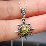 Solid Sterling Silver & Natural Polished Green Amber Handmade Sun Pendant Necklace