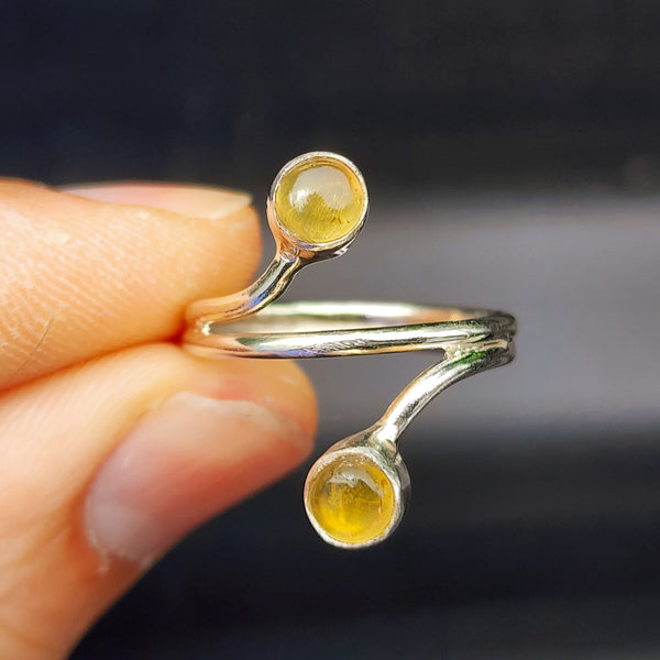 (Q) Solid Sterling Silver & Natural Amber Double Setting Handmade Ring