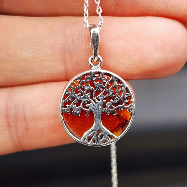 100% Solid Sterling Silver & Natural Amber Handmade Tree of Life Pendant Necklace