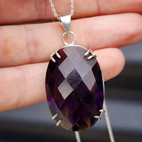 Solid Sterling Silver & Natural Amethyst Handmade Claw Oval Pendant Necklace