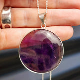 Solid Sterling Silver & Natural Amethyst Handmade XL Round Pendant & Chain Necklace