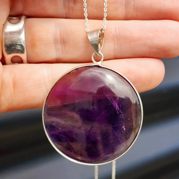 Solid Sterling Silver & Natural Amethyst Handmade XL Round Pendant & Chain Necklace