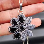 Solid Sterling Silver & Natural Black Onyx Handmade Flower Necklace