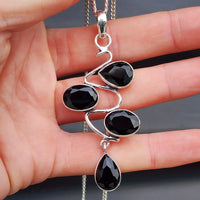 Solid Sterling Silver & Natural Black Onyx Handmade Multi Setting Wave Necklace