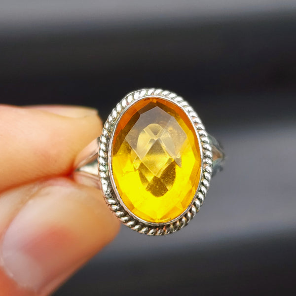 (Q) Solid Sterling Silver & Citrine Stone Handmade Solitaire Ring