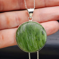 Solid Sterling Silver & Natural Nephrite Greenstone Handmade Round Pendant Necklace