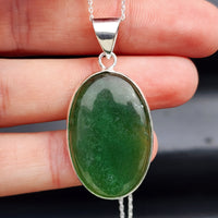 Solid Sterling Silver & Natural Nephrite Greenstone Handmade Oval Pendant Necklace