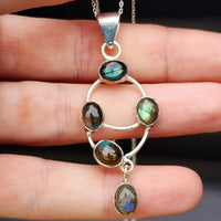 Solid Sterling Silver & Natural Labradorite 5 Setting Handmade Necklace