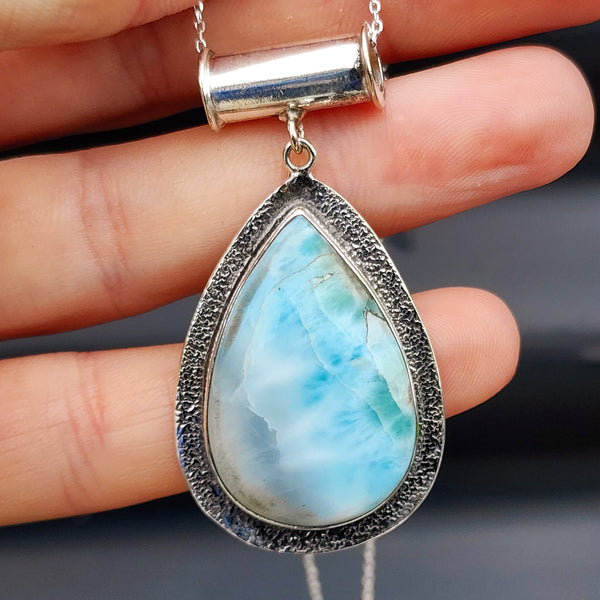 Solid Sterling Silver & Natural Blue Larimar Handmade Rustic Pear Shaped Necklace