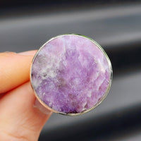 (O) Solid Sterling Silver & Natural Lepidolite Handmade Round Solitaire Ring