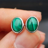 Natural Malachite & Solid Silver Oval Stud Earrings