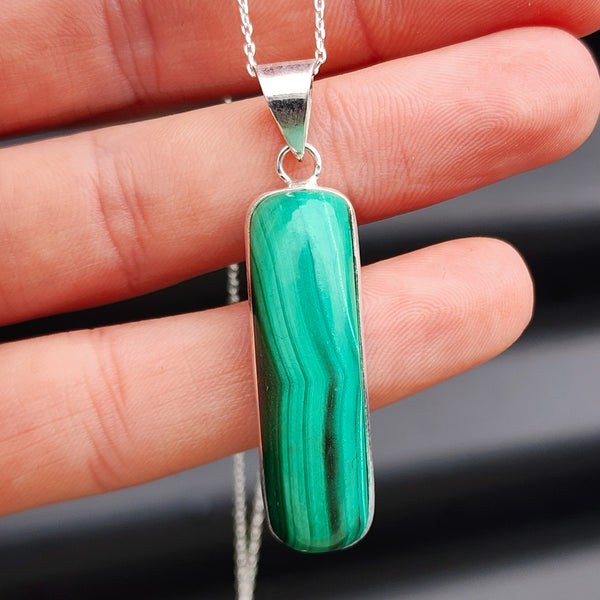 Solid Sterling Silver & Natural Malachite Handmade Rectangle Pendant & Chain Necklace