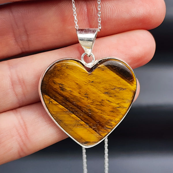 Solid Sterling Silver & Natural Tiger Eye Handmade Heart Pendant Necklace