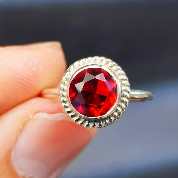 (O) Solid Sterling Silver & Red Zircon Stone Handmade Solitaire Ring