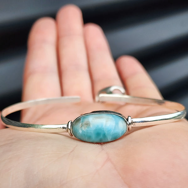 Solid Sterling Silver & Natural Larimar Handmade Cuff Bracelet