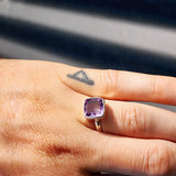 (Q) Solid Sterling Silver & Square Rustic Amethyst Stone Handmade Solitaire Ring