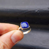 (Q) Solid Sterling Silver & Natural Lapis Lazuli Handmade Cushion Solitaire Ring