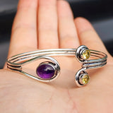 Solid Sterling Silver & Natural Amethyst + Citrine Handmade Cuff Bracelet