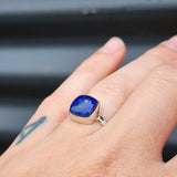 (Q) Solid Sterling Silver & Natural Lapis Lazuli Handmade Cushion Solitaire Ring