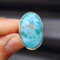 (Q) Solid Sterling Silver & Natural Blue Larimar Handmade Solitaire Ring