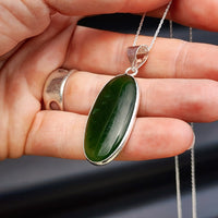 Solid Sterling Silver & Natural Nephrite Greenstone Handmade Oval Pendant Necklace