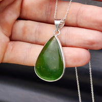 Solid Sterling Silver & Natural Nephrite Greenstone Handmade Pear Pendant Necklace