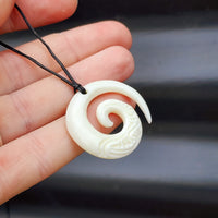 Natural Hand Carved Maori Bone Carving Pendant Necklace - Etched Koru