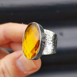 (R) Solid Sterling Silver & Natural Honey Topaz Textured Handmade Ring