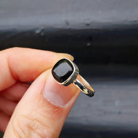 (Q) Solid Sterling Silver & Natural Black Onyx Handmade Cushion Solitaire Ring