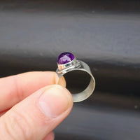 (T) Solid Sterling Silver & Natural Amethyst Wide Band Cuff Handmade Ring