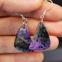 Solid Sterling Silver & Natural Charoite Handmade Hanging Hook Earrings