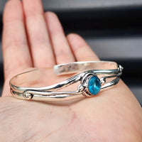 Solid Sterling Silver & Natural Blue Topaz Handmade Cuff Bracelet