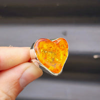 (Q) Solid Sterling Silver & Rustic Natural Baltic Amber Heart Handmade Ring