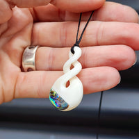 Natural Hand Carved Maori Bone & Paua Carving Pendant Necklace - Double Twist