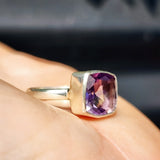 (Q) Solid Sterling Silver & Square Rustic Amethyst Stone Handmade Solitaire Ring