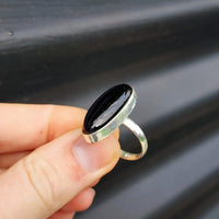 (T) Solid Sterling Silver & Long Oval Black Onyx Handmade Solitaire Ring