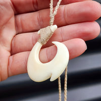 Natural Hand Carved Maori Bone Carving Pendant Necklace - Hook With Tan Binding