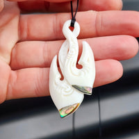 Natural Hand Carved Maori Bone Carving Pendant Necklace - Double Hook With Paua Inlay