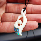 Natural Hand Carved Maori Bone Carving Pendant Necklace - Koru Twist With Paua Inlay