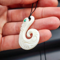 Natural Hand Carved Maori Bone Carving Pendant Necklace - Manaia With Paua Inlay