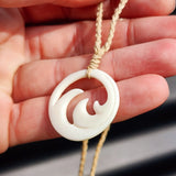 Natural Hand Carved Maori Bone Carving Pendant Necklace - Waves On Tan