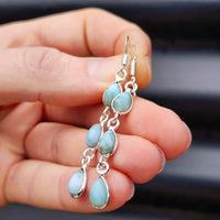 Rustic Solid Sterling Silver & Natural Larimar Handmade Hanging Hook Earrings