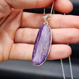 Solid Sterling Silver & Natural Charoite Handmade Irregular Shaped Pendant Necklace