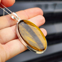 Solid Sterling Silver & Natural Tiger Eye Handmade Oval Pendant & Chain Necklace